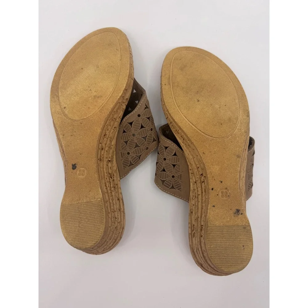 Spring Step Womens Tan Leather Laser Cut Floral Wedge Thong Sandal Made in Italy
